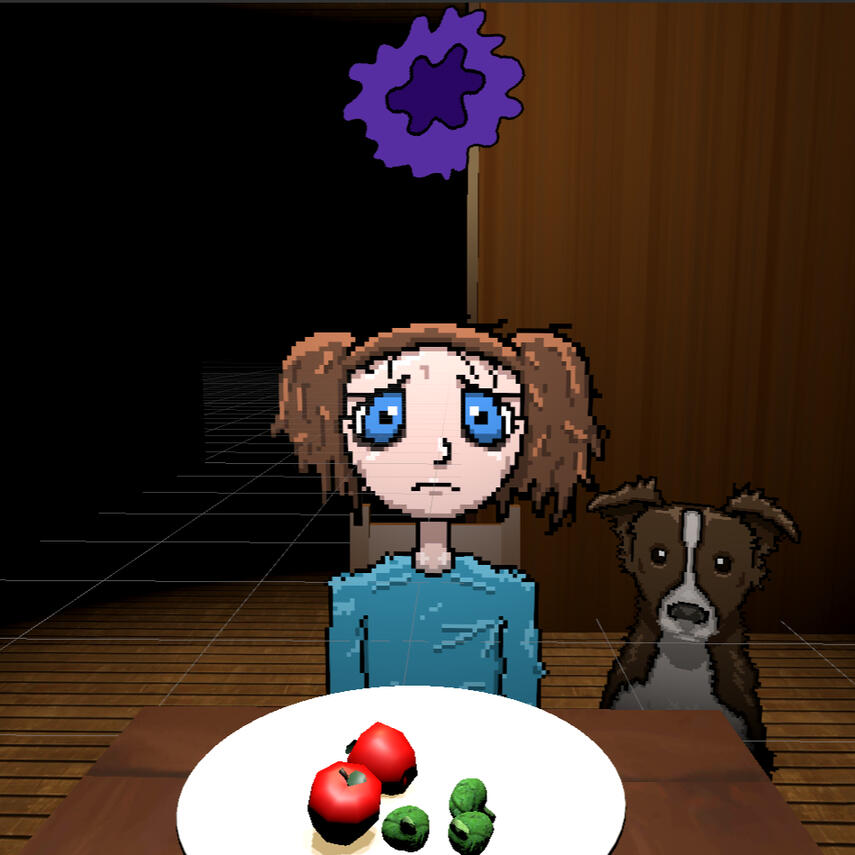 Gloomy Gut: Cindy stares at player with a plate of food in front of her.